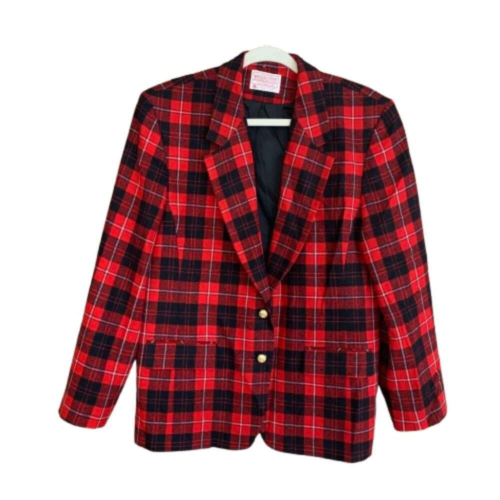 Pendleton Red Black Plaid Gold Buttons Vintage Virgin Wool 16 Blazer Jacket GUC